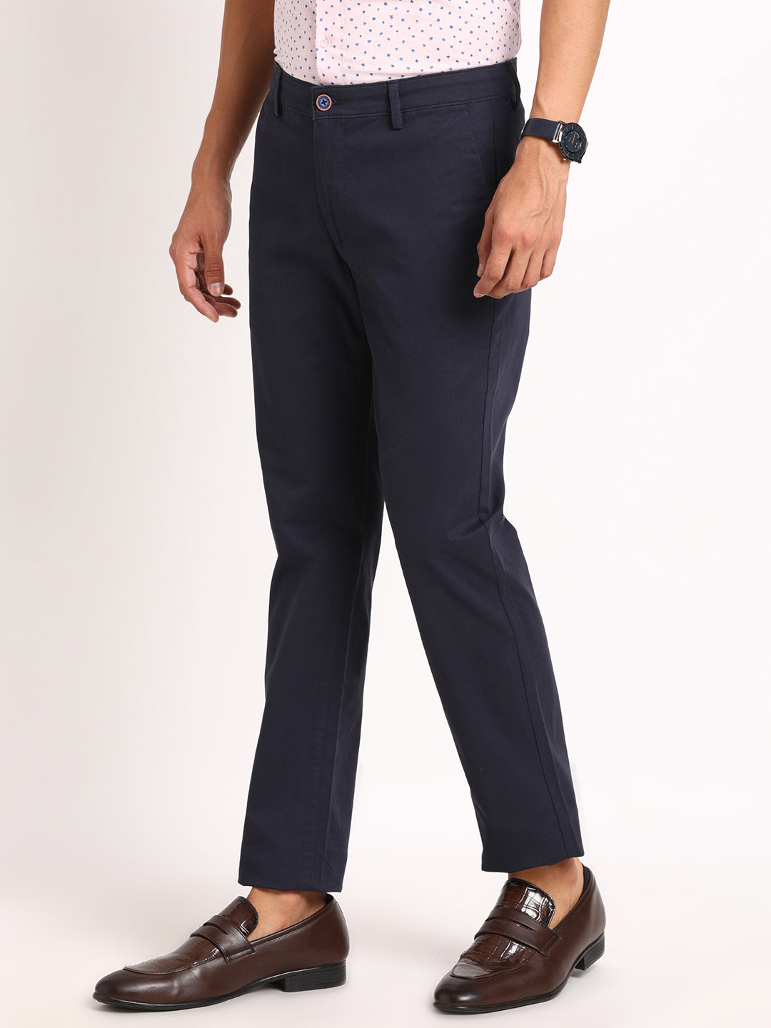 Cotton Stretch Navy Plain Ultra Slim Fit Flat Front Casual Trouser