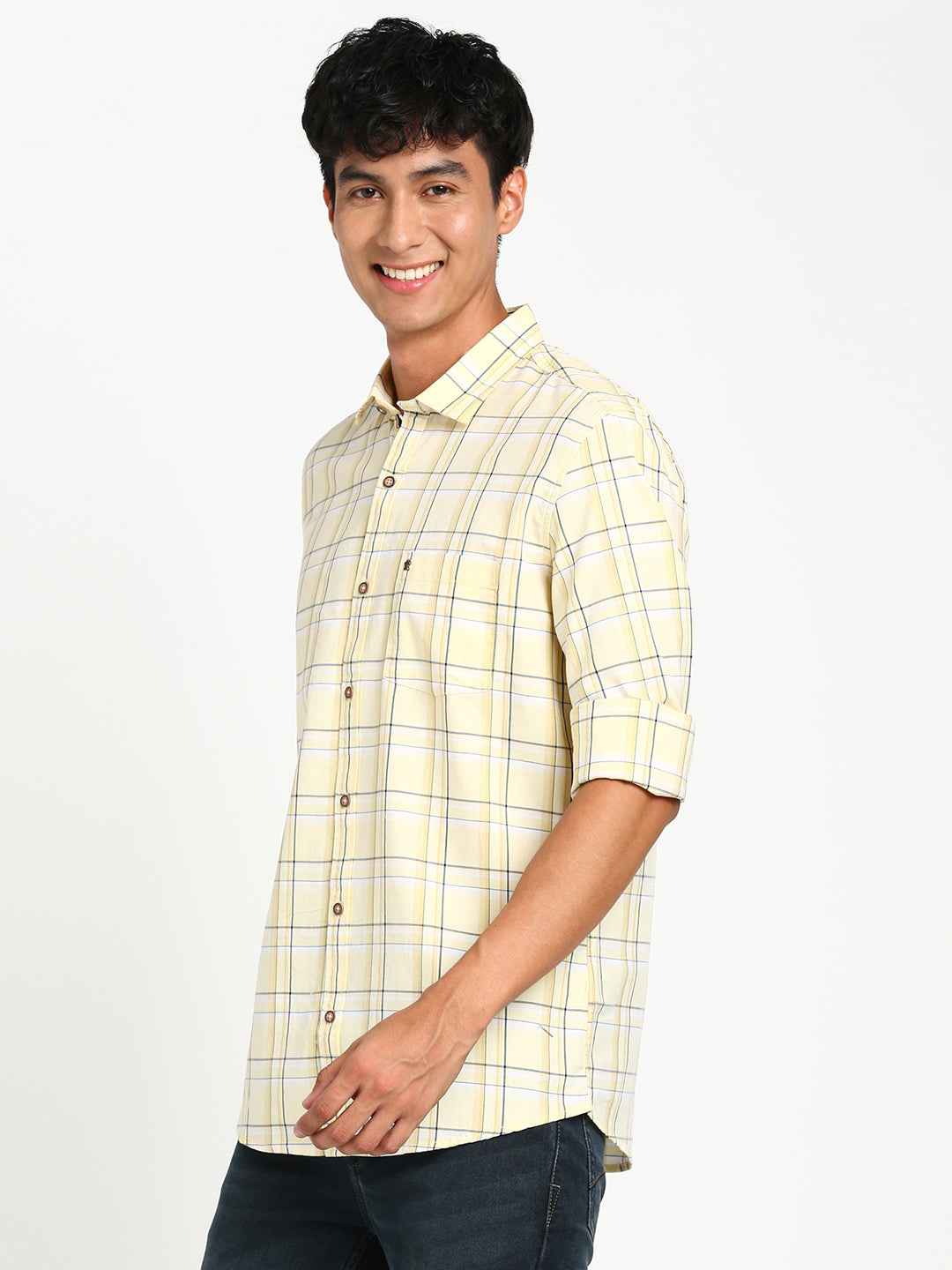 100% Cotton Yellow Checkered Slim Fit Full Sleeve Casual Shirt