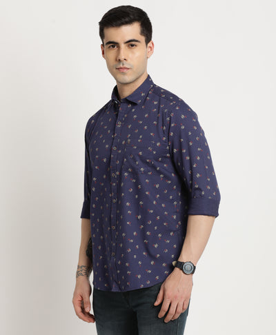 100% Cotton Navy Blue Printed Slim Fit Full Sleeve Casual Shirt