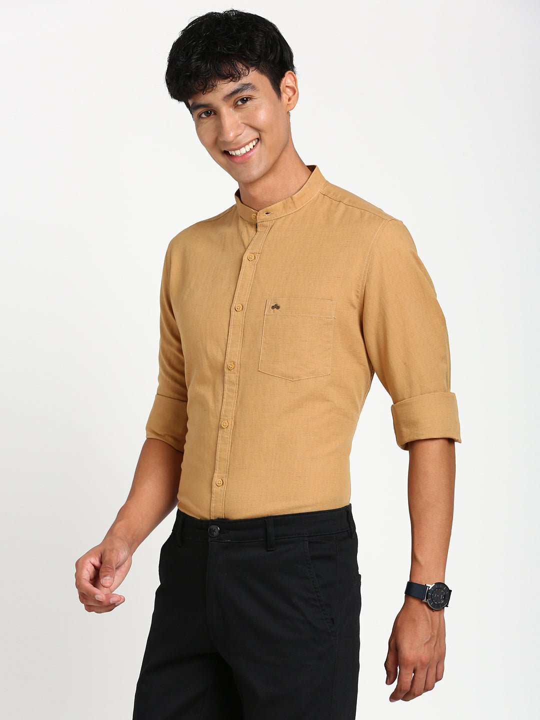 Cotton Linen Khaki Plain Slim Fit Full Sleeve Casual Shirt