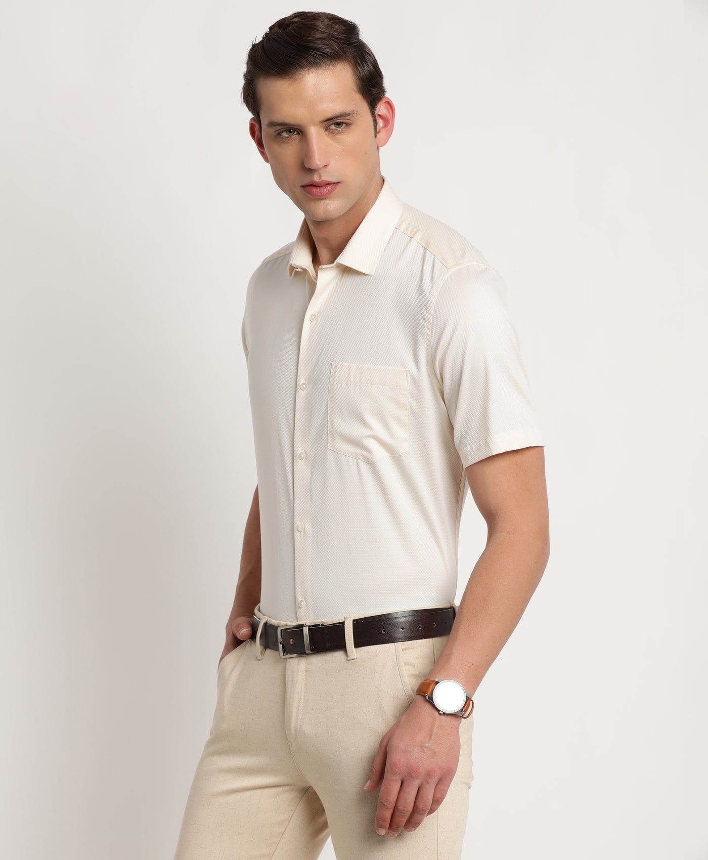 100% Cotton Cream Dobby Regular Fit Half Sleeve Formal Shirt