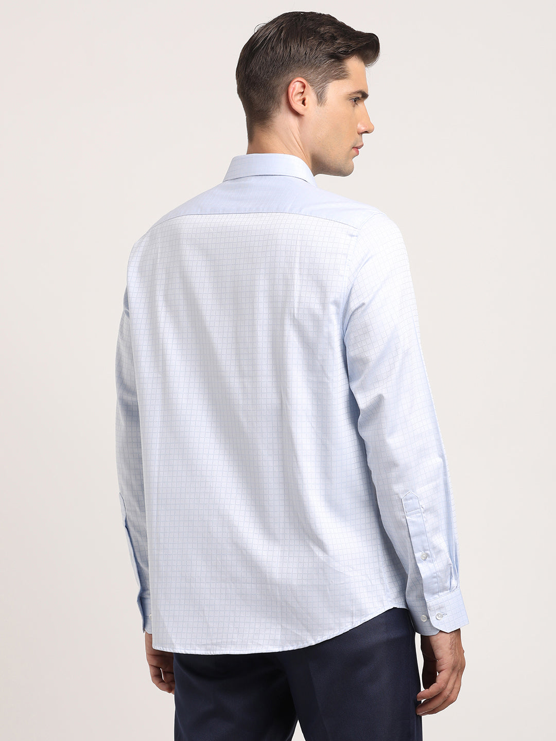 100% Cotton Light Blue Checkered Slim Fit Full Sleeve Formal Shirt