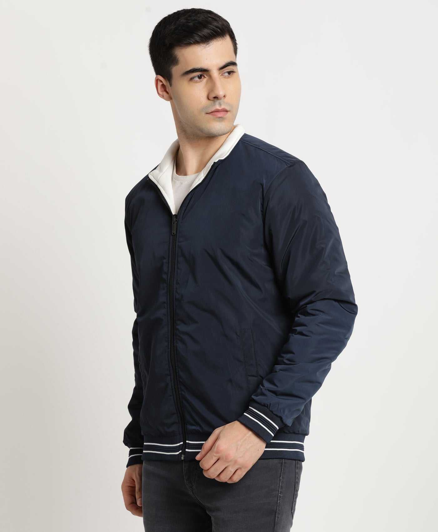 Knitted White-Navy Plain Regular Fit Full Sleeve Casual Reversible Wind Cheater