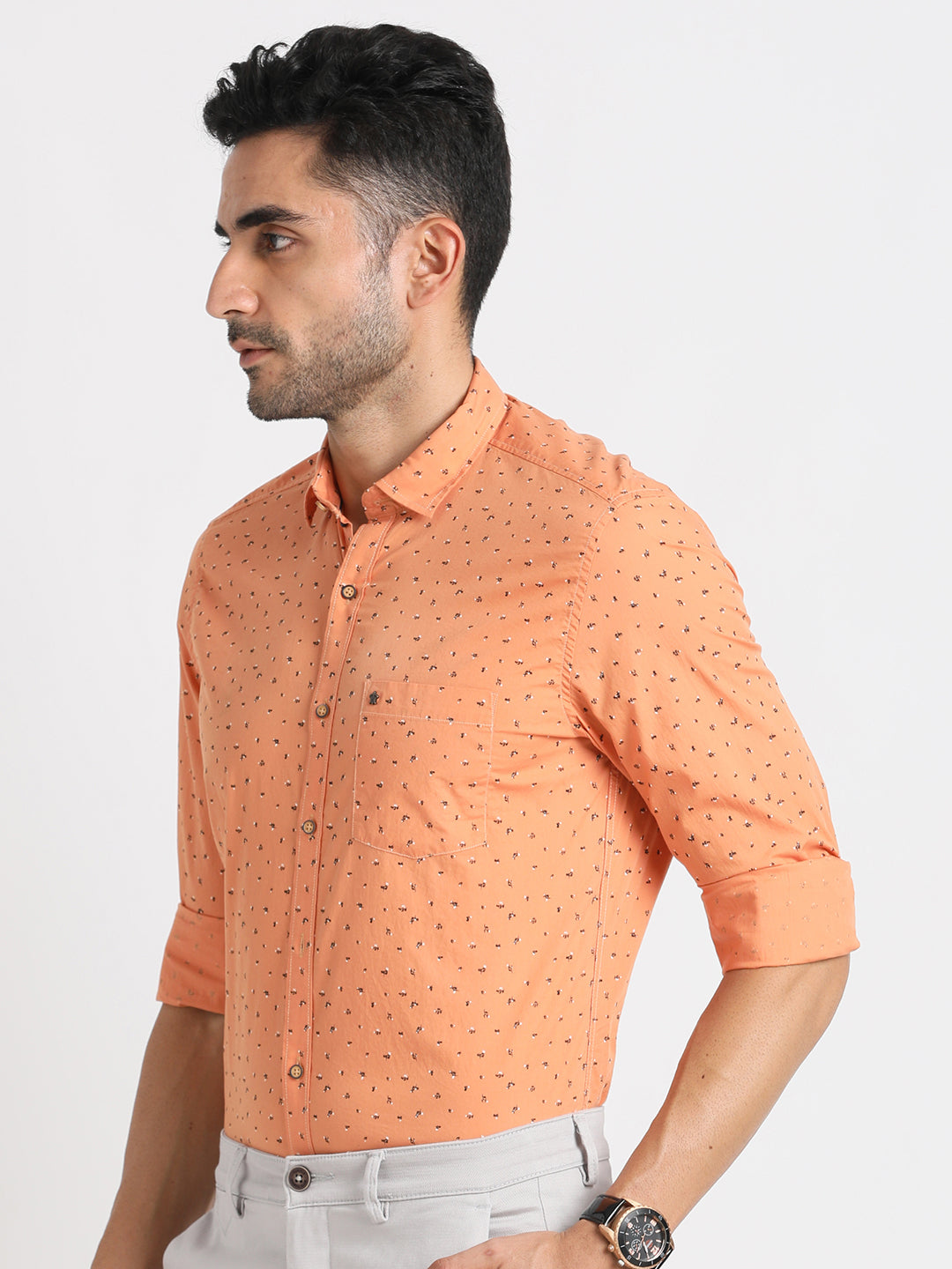 100% Cotton Orange Printed Slim Fit Full Sleeve Casual Shirt