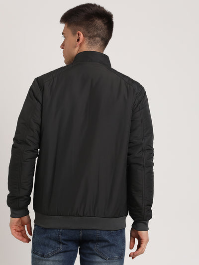 Polyester Solid Black Zipper Windcheater Jacket