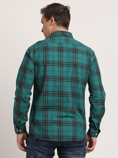 100% Cotton Green Checkered Slim Fit Full Sleeve Casual Shirt