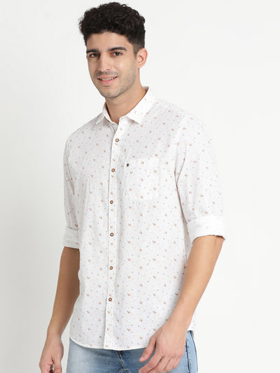 Turtle Men White Cotton Printed Slim Fit Casual Shirts