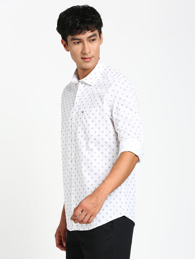 100% Cotton White Printed Slim Fit Full Sleeve Casual Shirt