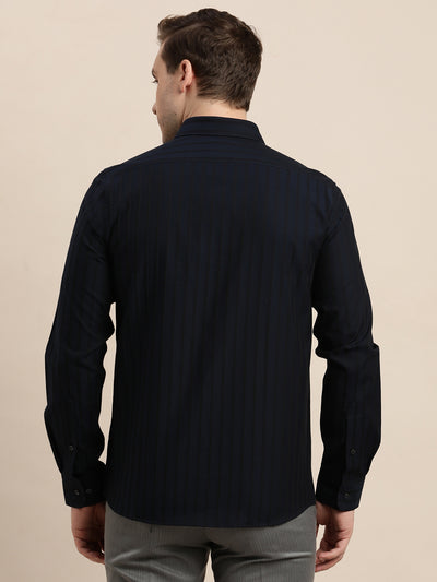 100% Cotton Navy Blue Striped Slim Fit Full Sleeve Formal Shirt