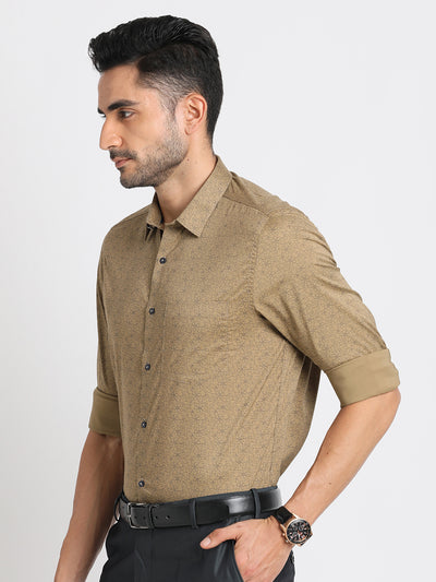 100% Cotton Khaki Printed Slim Fit Full Sleeve Ceremonial Shirt