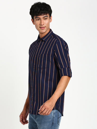 100% Cotton Navy Blue Striped Slim Fit Full Sleeve Casual Shirt