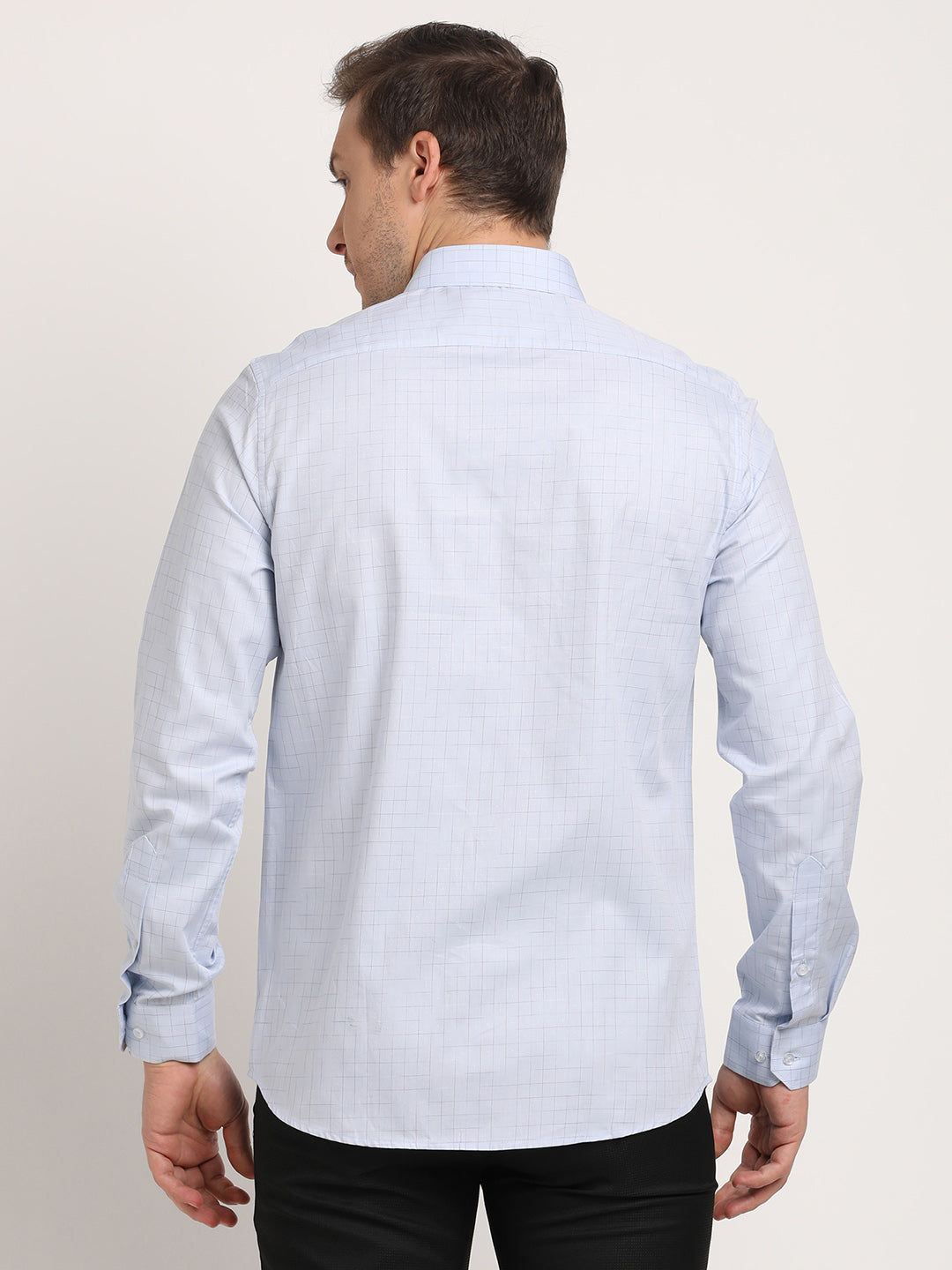 100% Cotton Light Blue Checkered Slim Fit Full Sleeve Formal Shirt