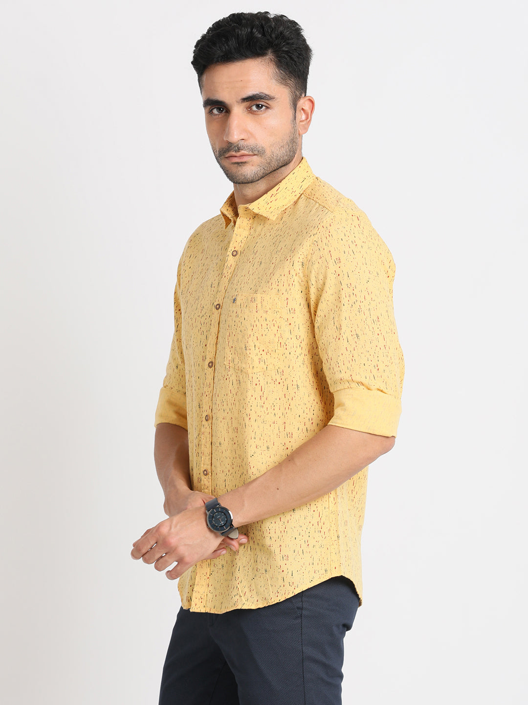 Cotton Linen Yellow Printed Slim Fit Full Sleeve Casual Shirt