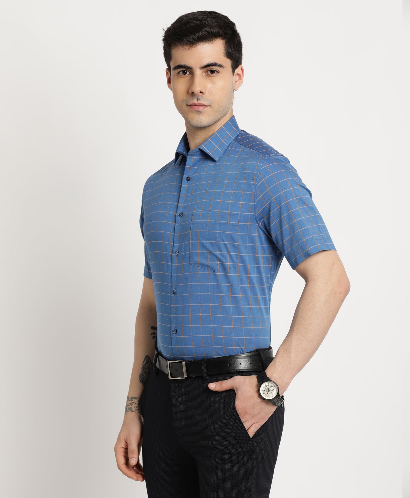 100% Cotton Blue Checkered Regular Fit Half Sleeve Formal Shirt