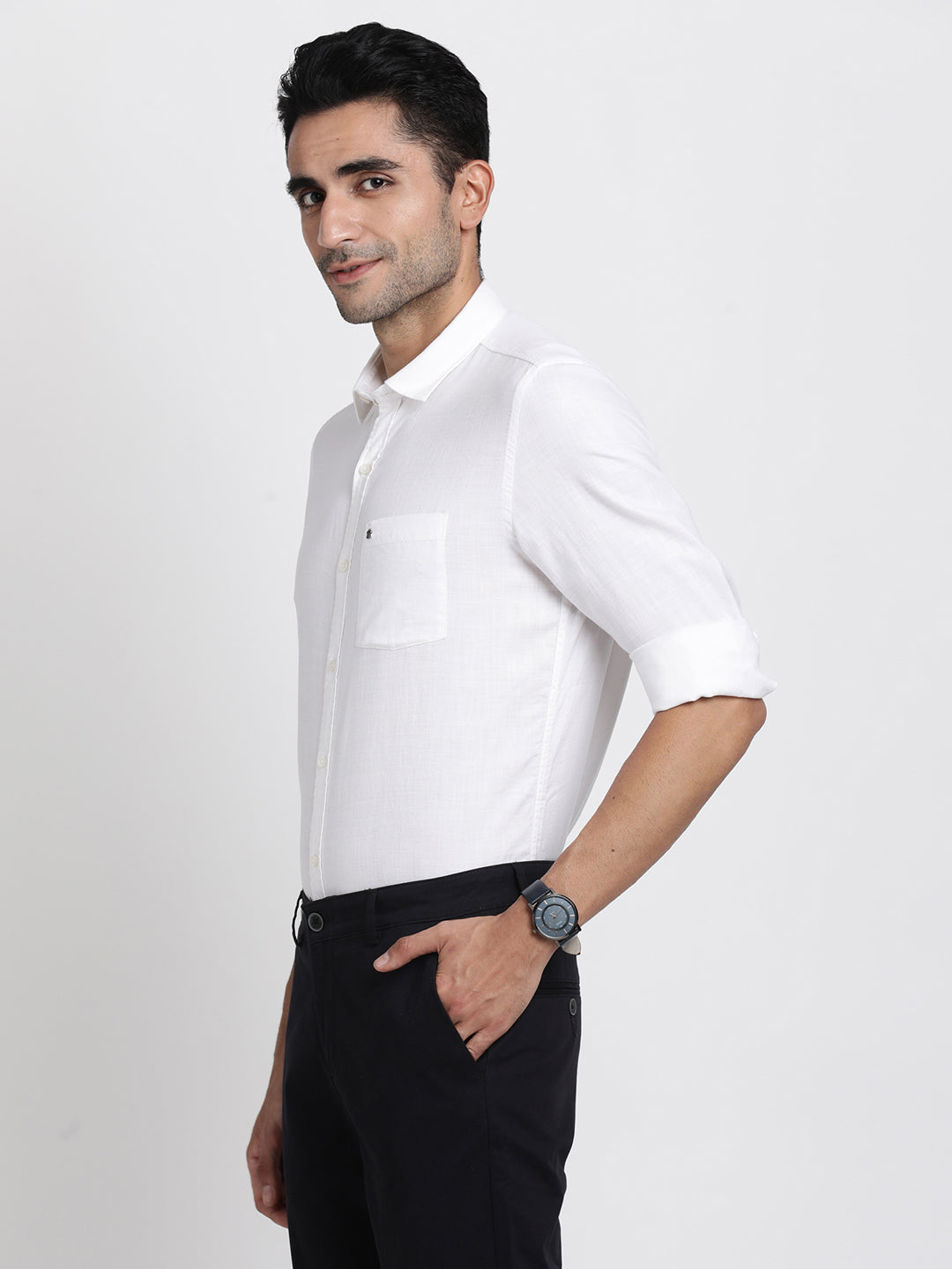 Cotton Lyocell White Plain Slim Fit Full Sleeve Casual Shirt