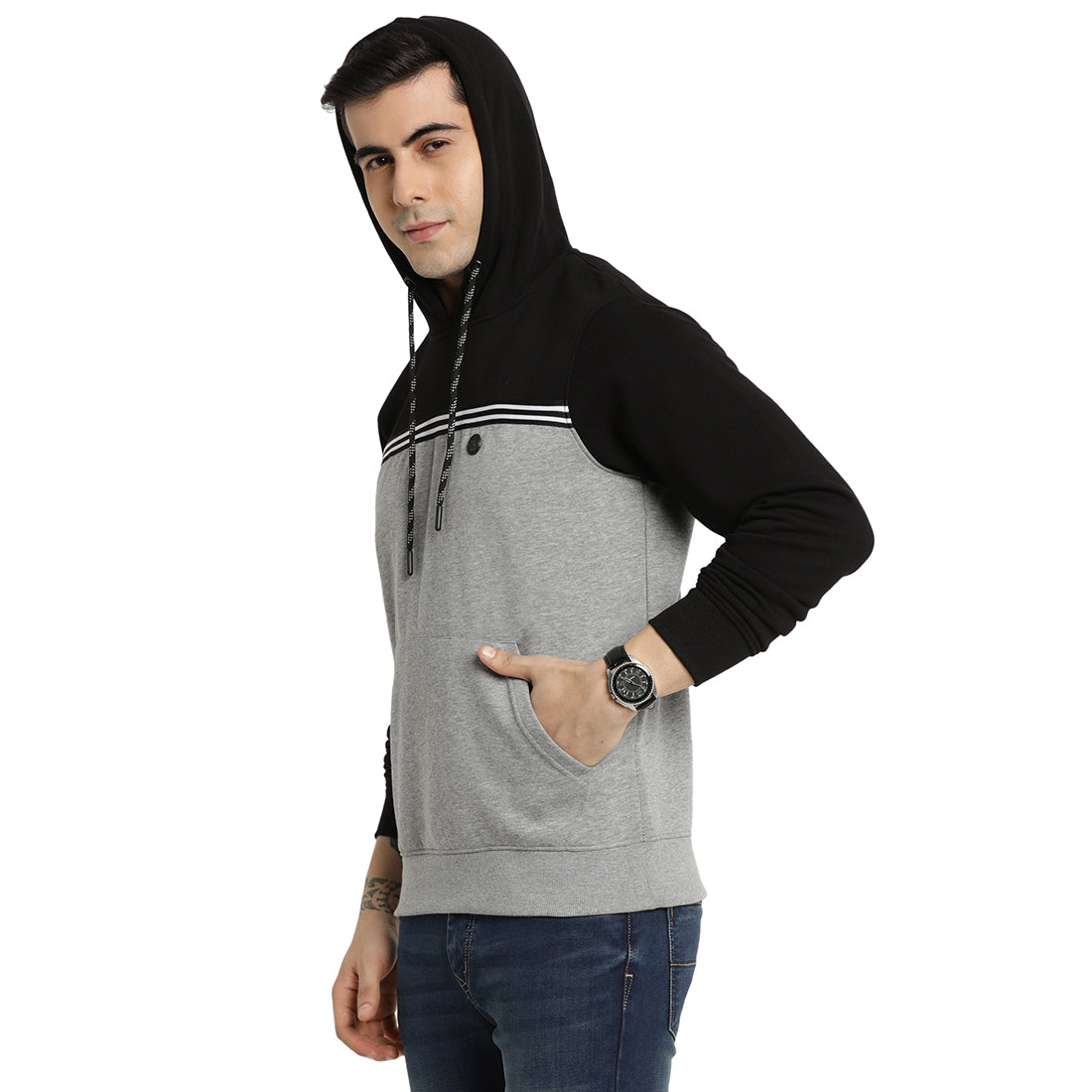Turtle Men Black-Grey Solid Hooded Sweatshirt
