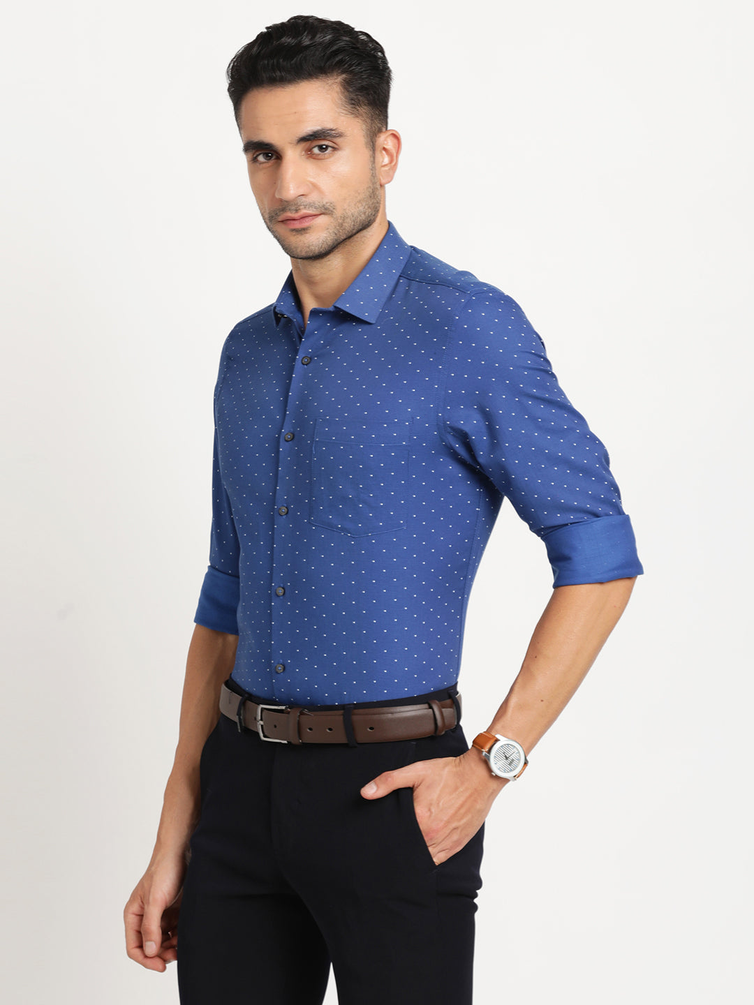 100% Cotton Blue Printed Slim Fit Full Sleeve Formal Shirt