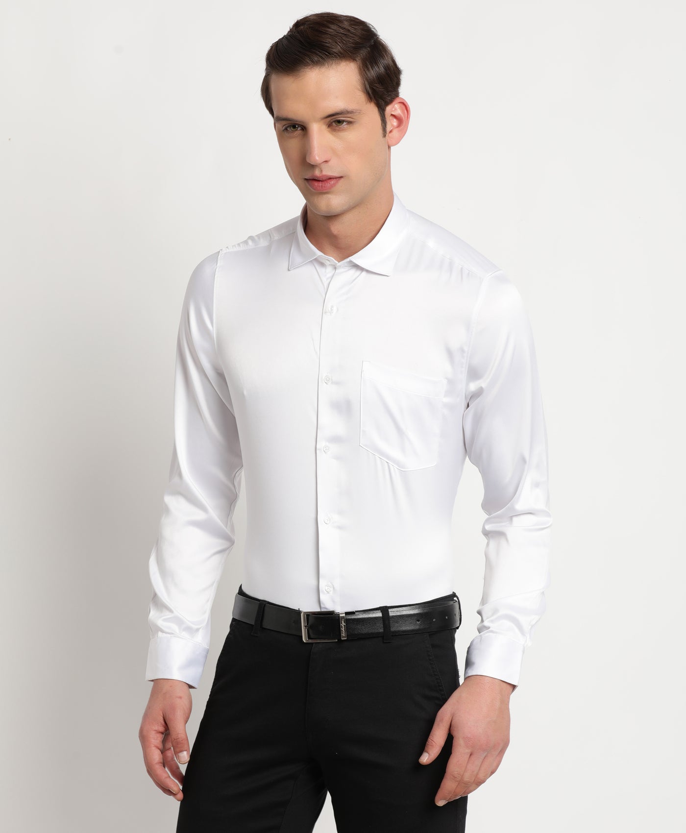 Poly Satin White Plain Slim Fit Full Sleeve Ceremonial Shirt