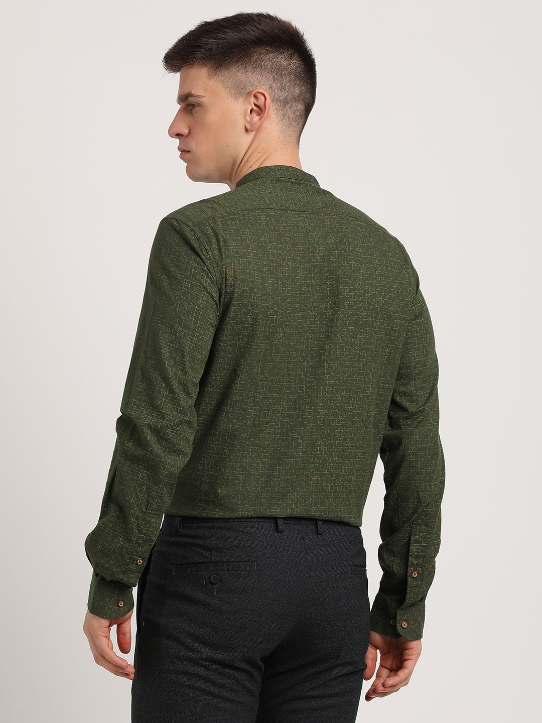 100% Cotton Dark Green Printed Slim Fit Full Sleeve Casual Shirt