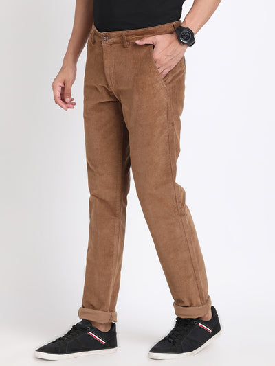 Cord Brown Plain Ultra Slim Fit Flat Front Casual Trouser