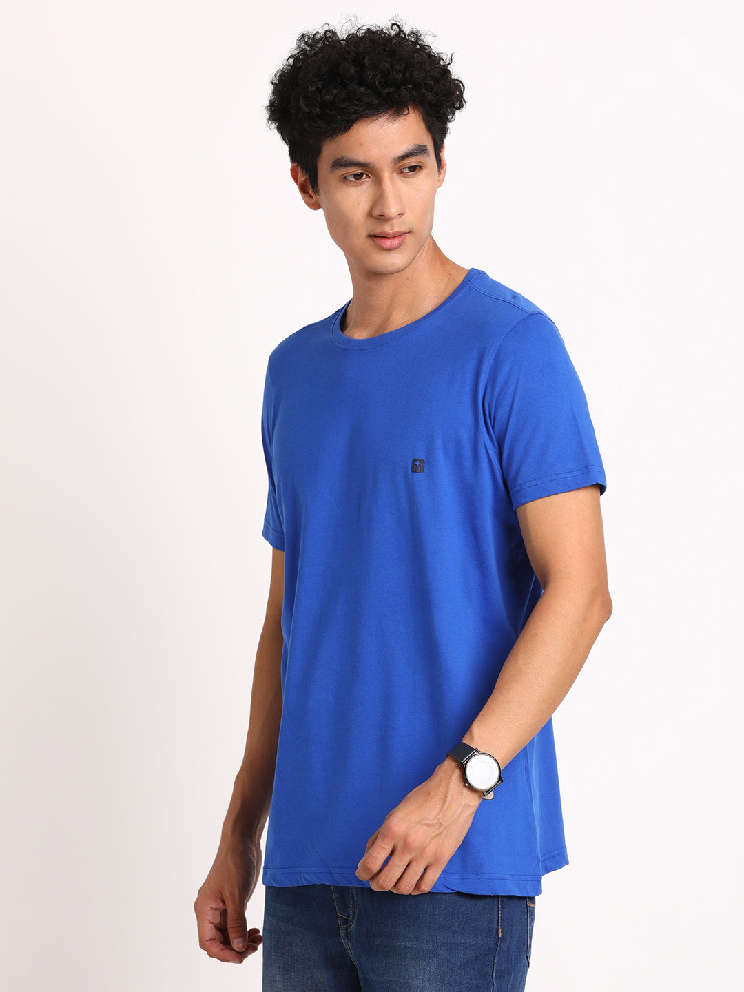 Essential 100% Cotton Blue Solid Round Neck Half Sleeve Casual T-Shirt