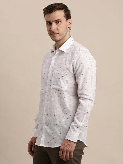 Cotton Linen White Printed Slim Fit Full Sleeve Formal Shirt