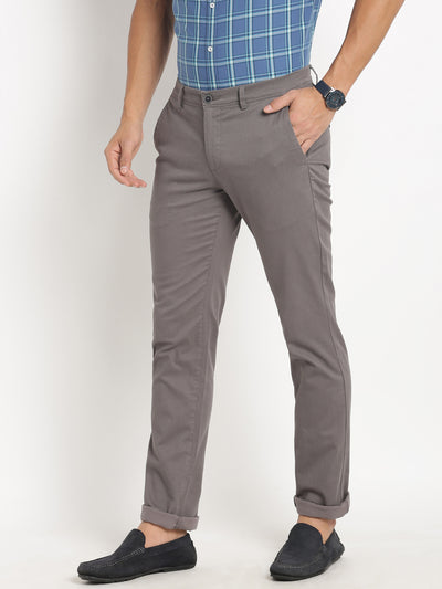 Cotton Stretch Grey Printed Narrow Fit Flat Front Casual Trouser