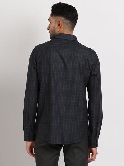 100% Cotton Black Checkered Slim Fit Full Sleeve Formal Shirt