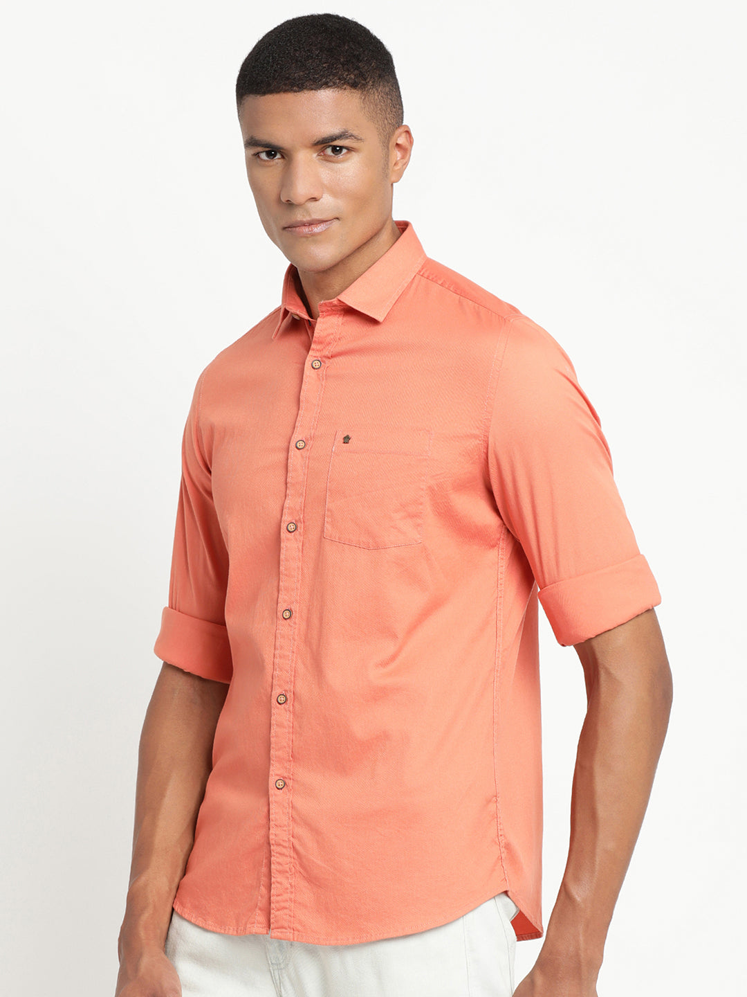 Cotton Orange Printed Slim Fit Full Sleeve Casual Shirt