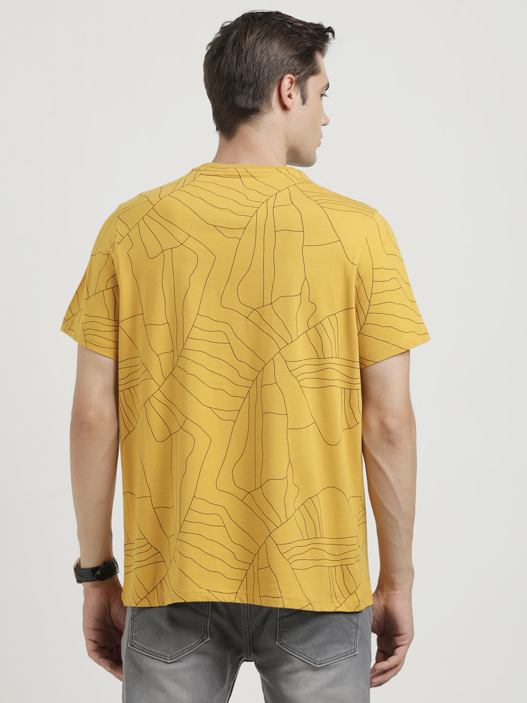 Knitted Mustard Printed Crew Neck Half Sleeve Casual T-Shirt