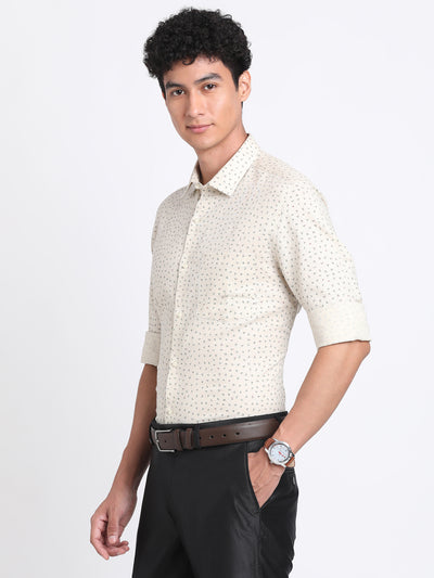 Cotton Linen Beige Printed Slim Fit Full Sleeve Formal Shirt