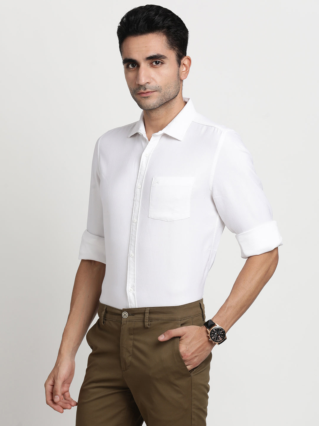 100% Cotton White Plain Slim Fit Full Sleeve Casual Shirt