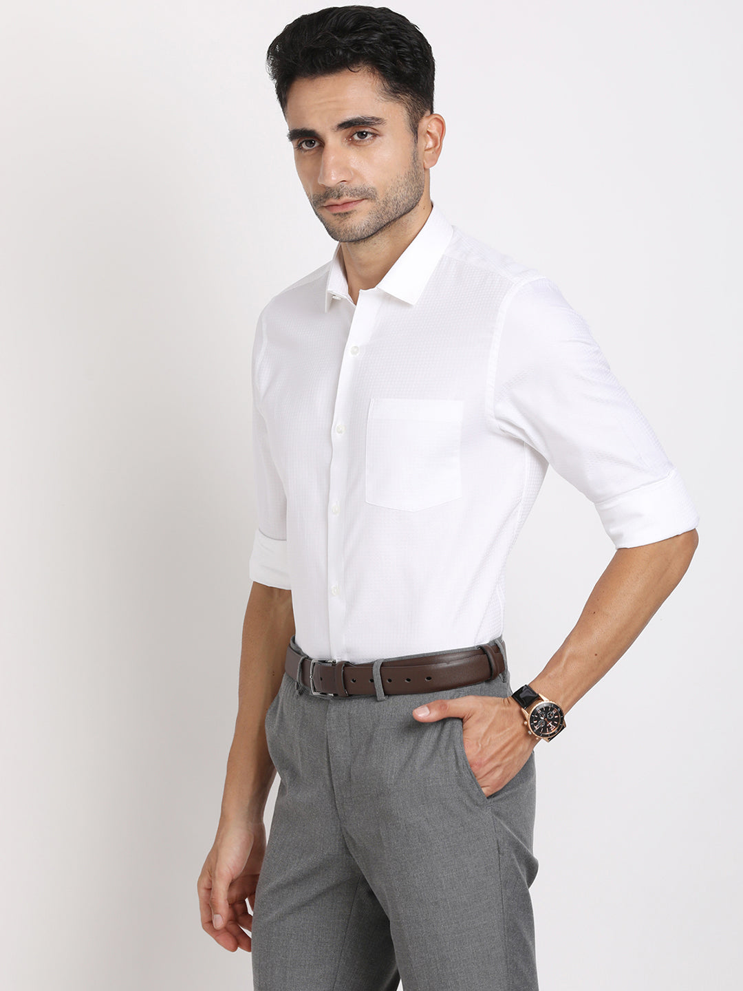 Giza Cotton White Dobby Slim Fit Full Sleeve Formal Shirt