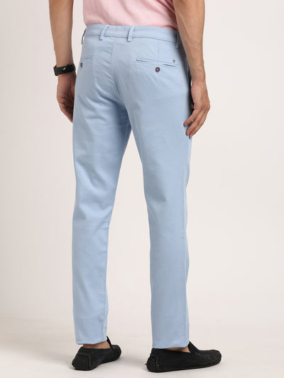 Cotton Stretch Light Blue Dobby Ultra Slim Fit Flat Front Casual Trouser