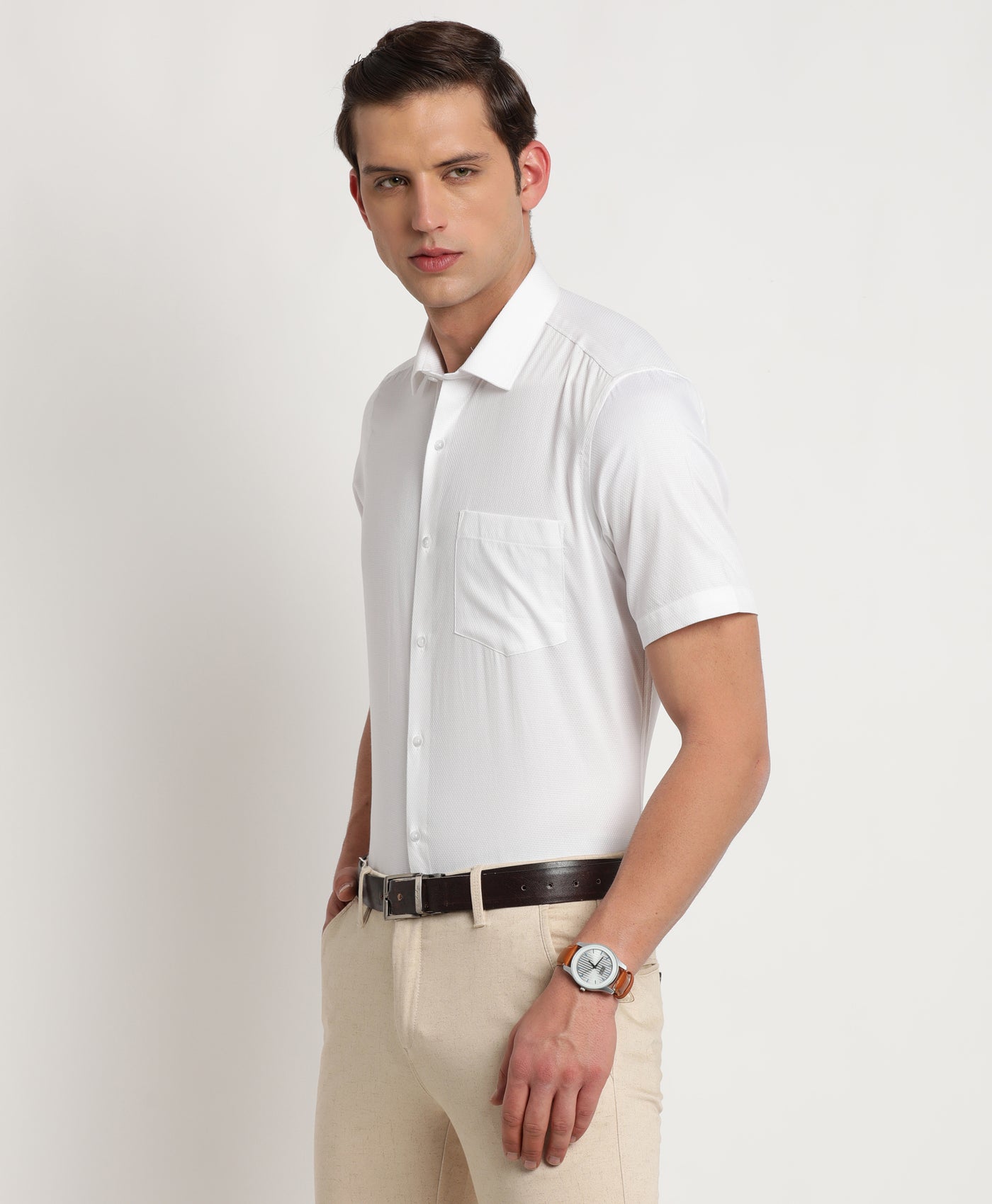 100% Cotton White Dobby Regular Fit Half Sleeve Formal Shirt