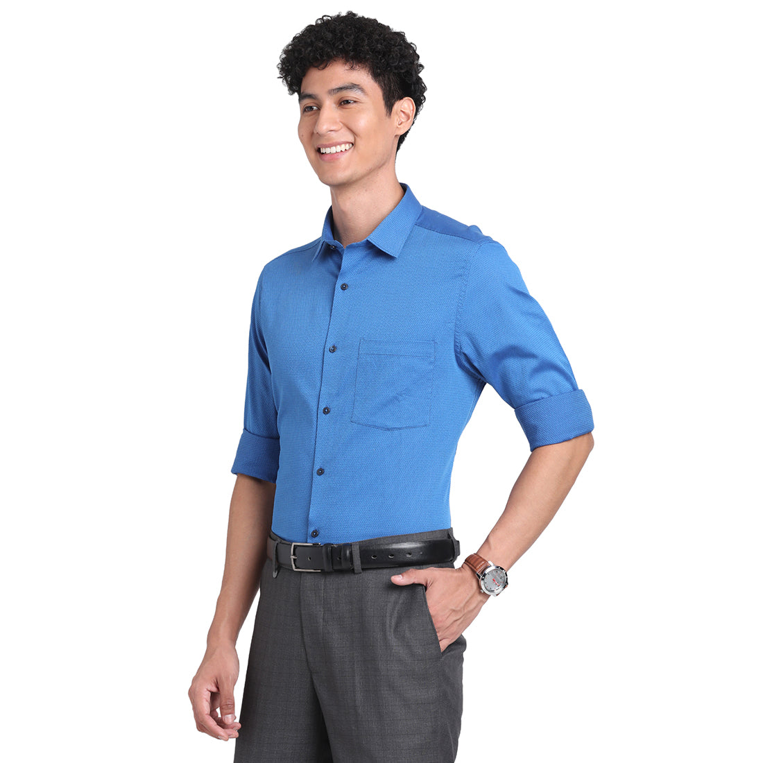 Turtle Men Giza Cotton Blue Self Design Slim Fit Formal Shirts