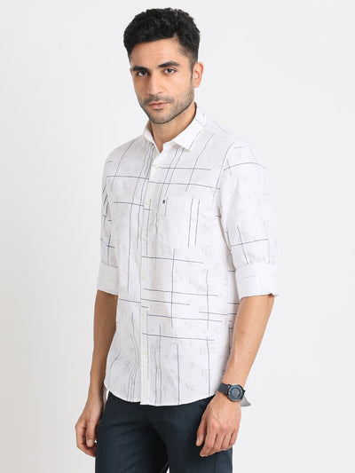 Poly Cotton Cream Printed Slim Fit Full Sleeve Casual Shirt