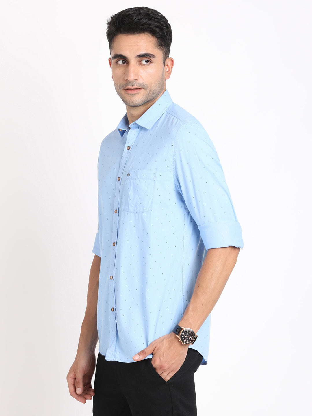 Cotton Tencel Sky Blue Printed Slim Fit Full Sleeve Casual Shirt