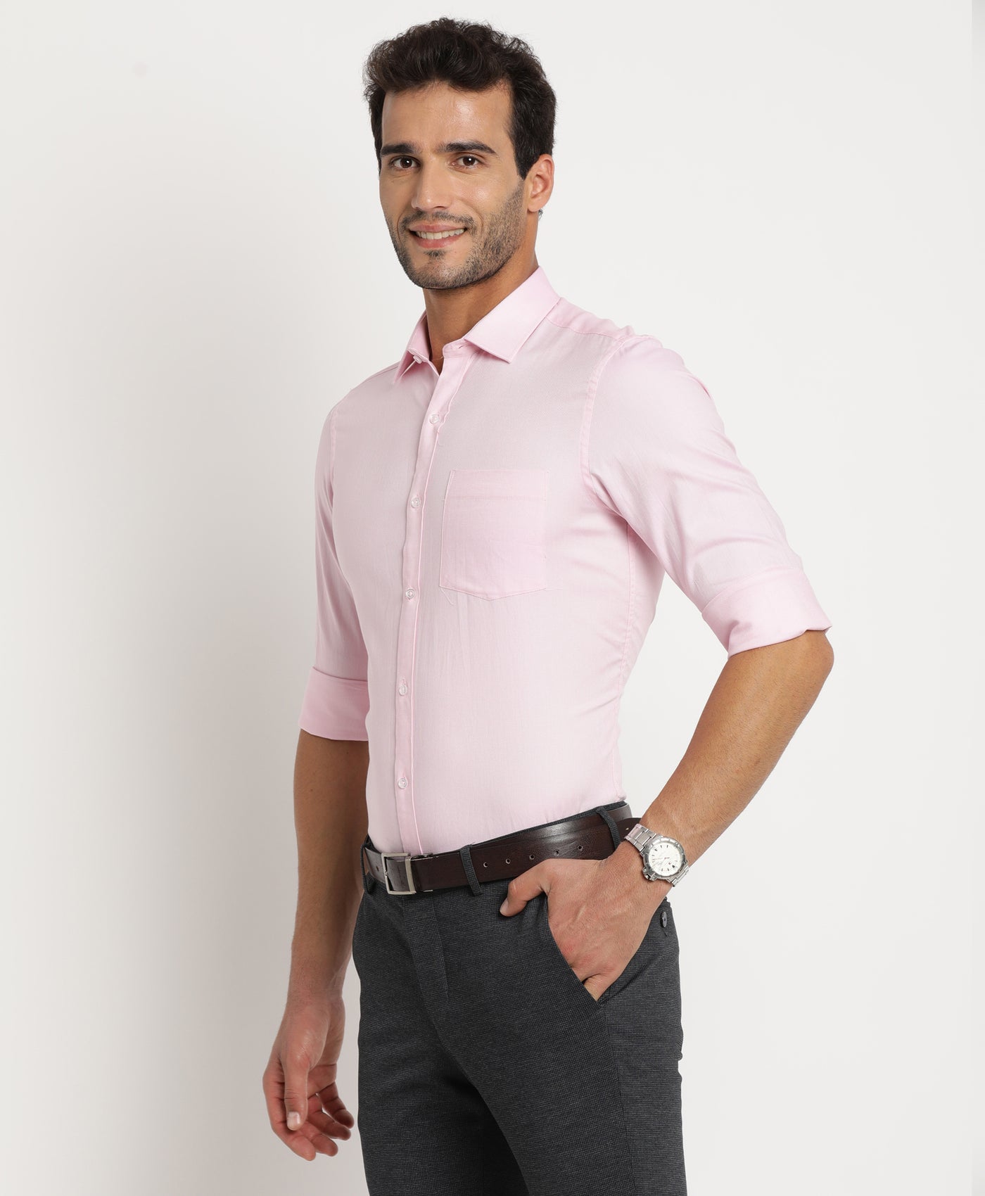 100% Cotton Pink Dobby Slim Fit Full Sleeve Formal Shirt