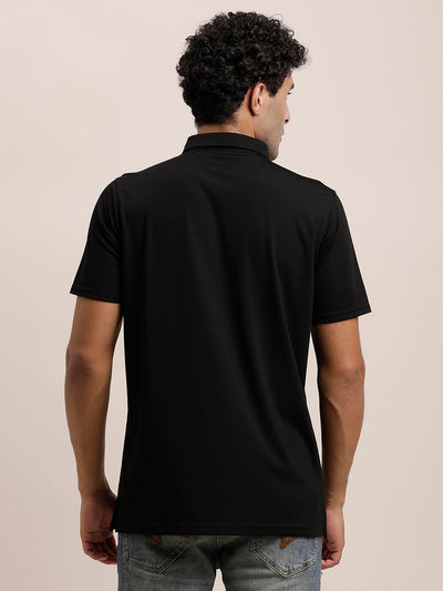 Cotton Plain Black Polo Neck T-Shirt