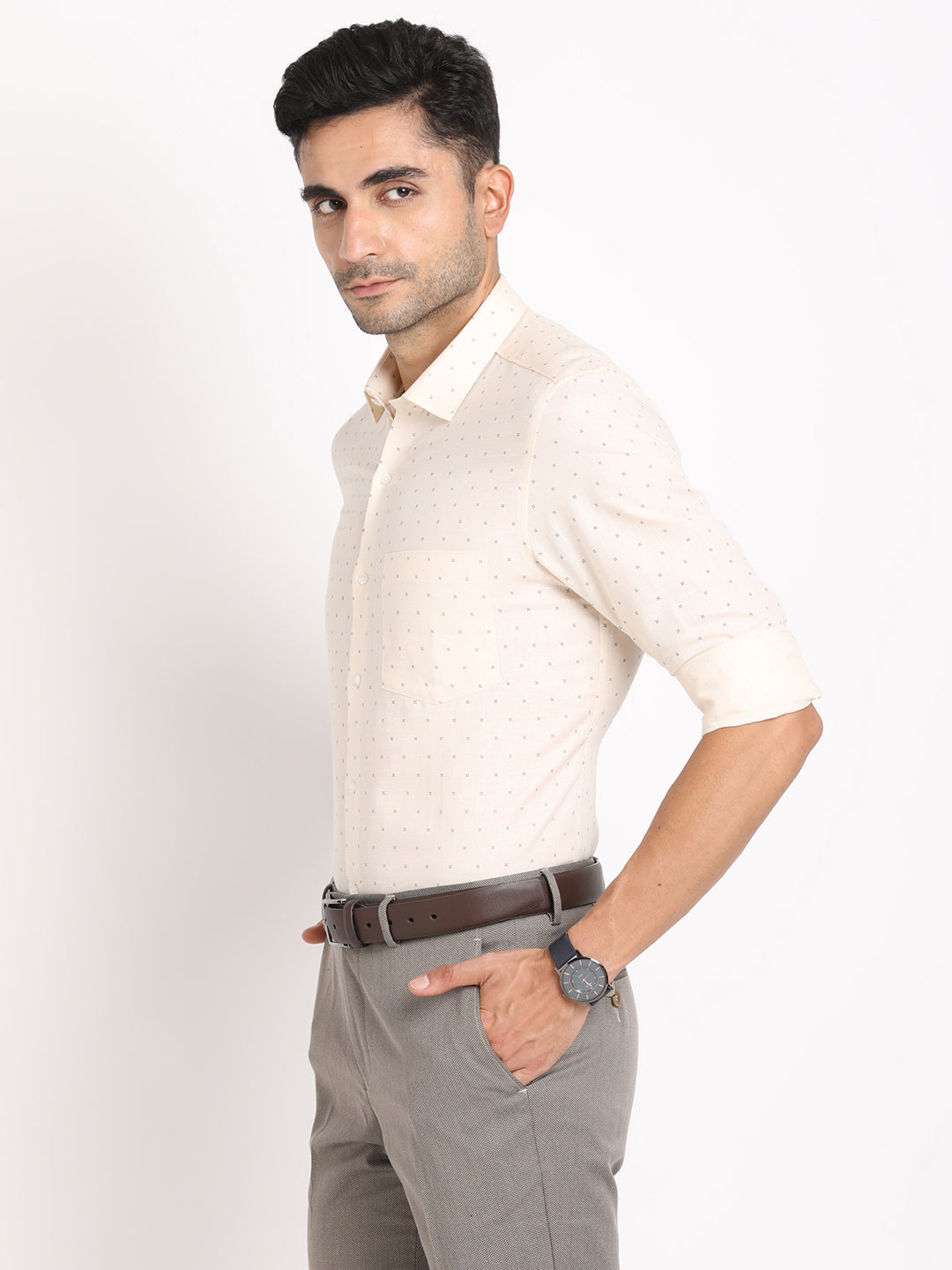 Cotton Linen Beige Printed Slim Fit Full Sleeve Formal Shirt