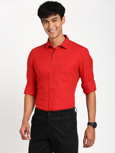 100% Cotton Red Checkered Slim Fit Full Sleeve Casual Shirt