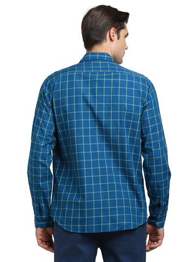 100% Cotton Teal Blue Checkered Slim Fit Full Sleeve Casual Shirt