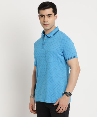 100% Cotton Blue Printed Polo Neck Half Sleeve Casual T-Shirt