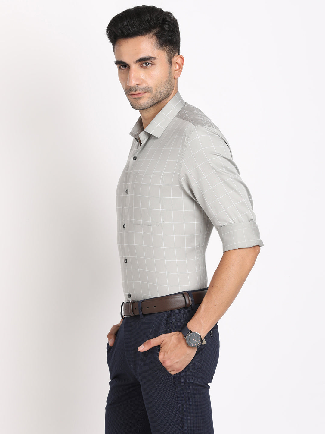 100% Cotton Grey Checkered Slim Fit Full Sleeve Formal Shirt