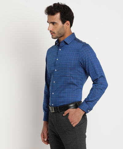 100% Cotton Blue Checkered Regular Fit Full Sleeve Formal Shirt