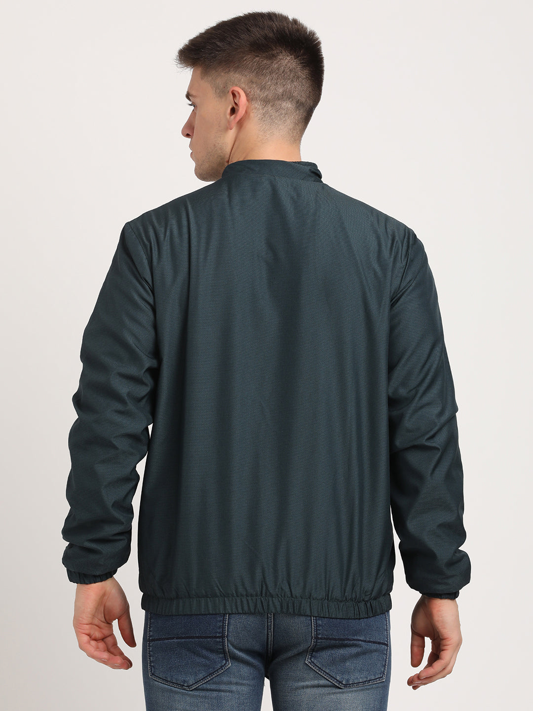 Polyester Solid Dark Green Zipper Windcheater Jacket