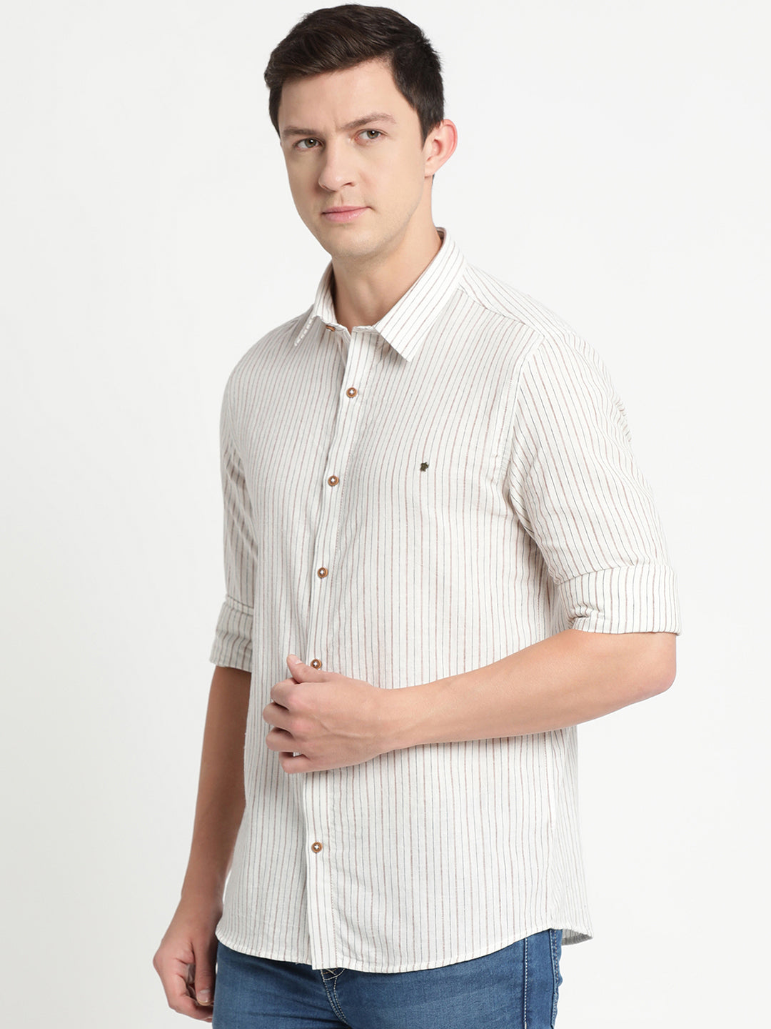 Stripe Cream Slim Fit Causal Shirt