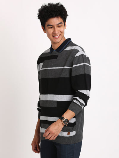 Knitted Charcoal Melange Dobby Regular Fit Full Sleeve Casual Pullover