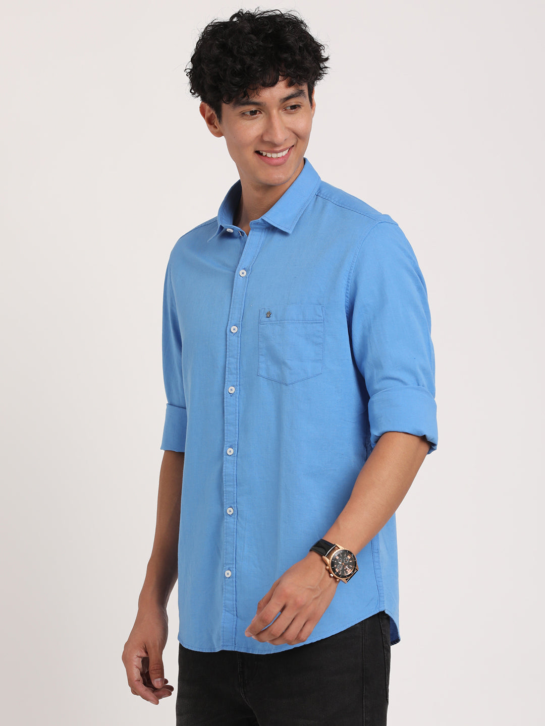 100% Cotton Blue Plain Slim Fit Full Sleeve Casual Shirt